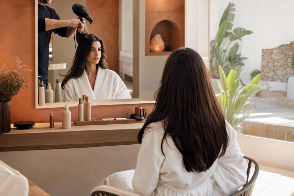 Cheveux longs brillants en cours de brushing avec brosse ronde professionnelle
