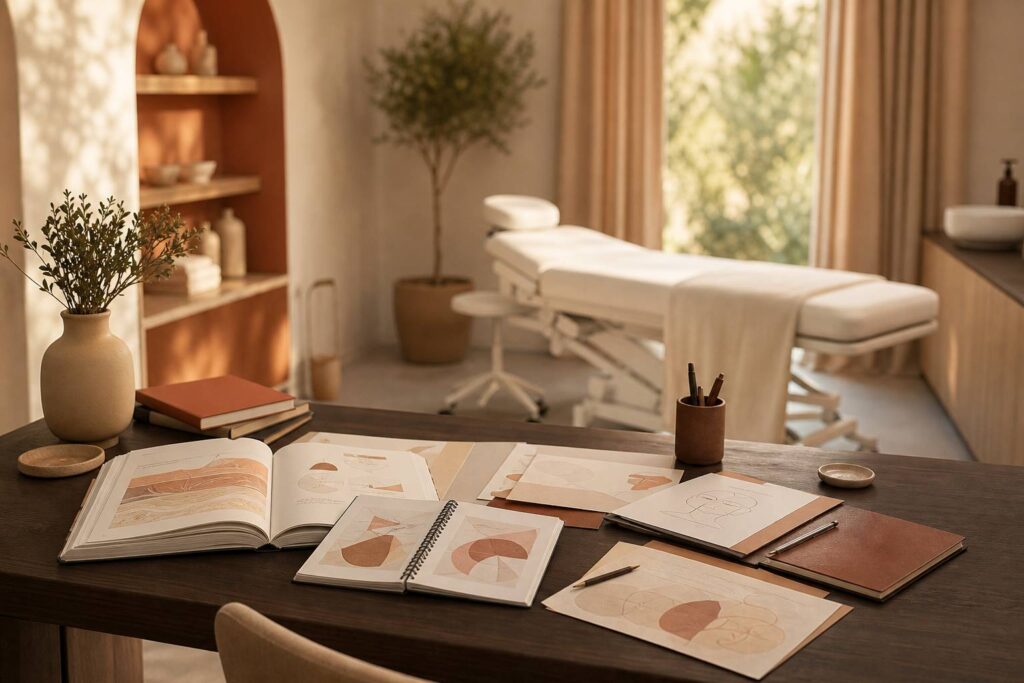 Livres et cahiers de formation CAP esthétique ouverts sur un bureau avec notes de cours