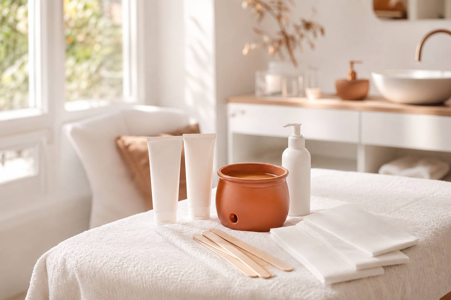 Produits dépilatoires : cire chaude, bandes textiles et lotion apaisante disposés sur serviette