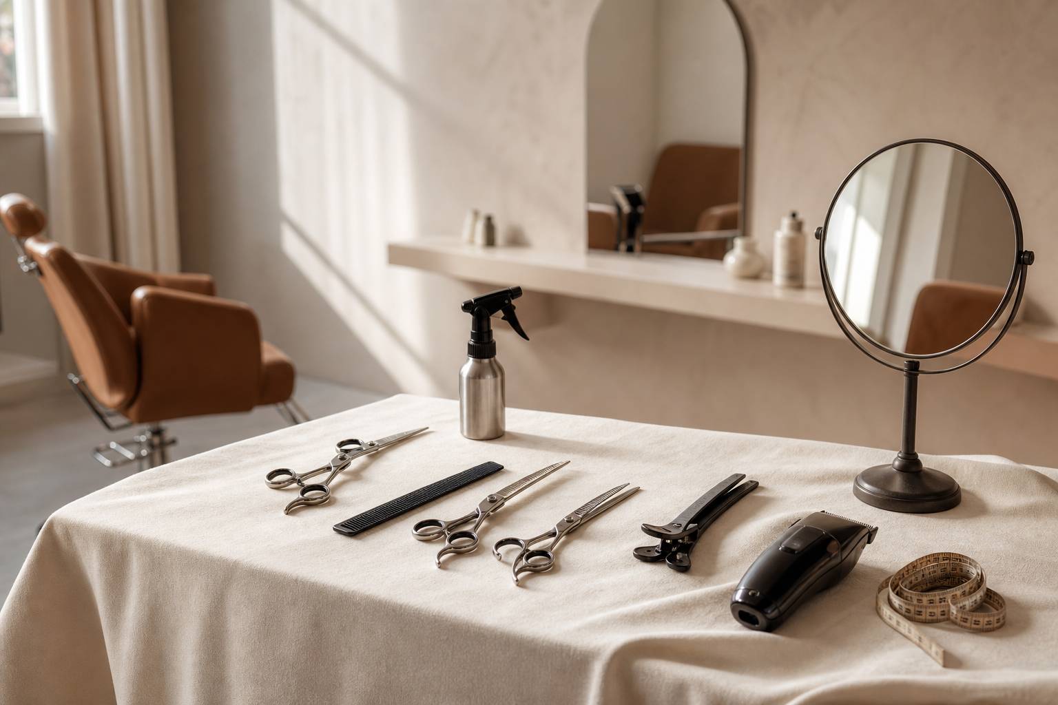Ciseaux de coiffure professionnels et peigne de coupe disposés sur drapé blanc