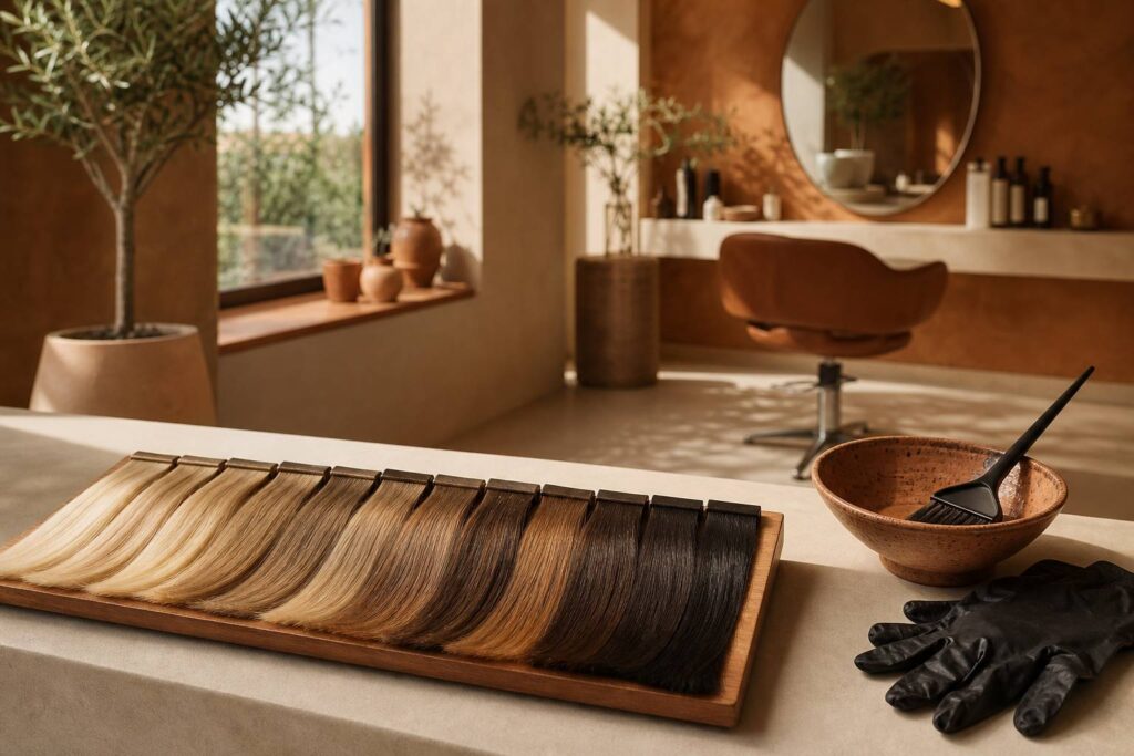 Palette de couleurs capillaires avec mèches du blond au brun pour coloration