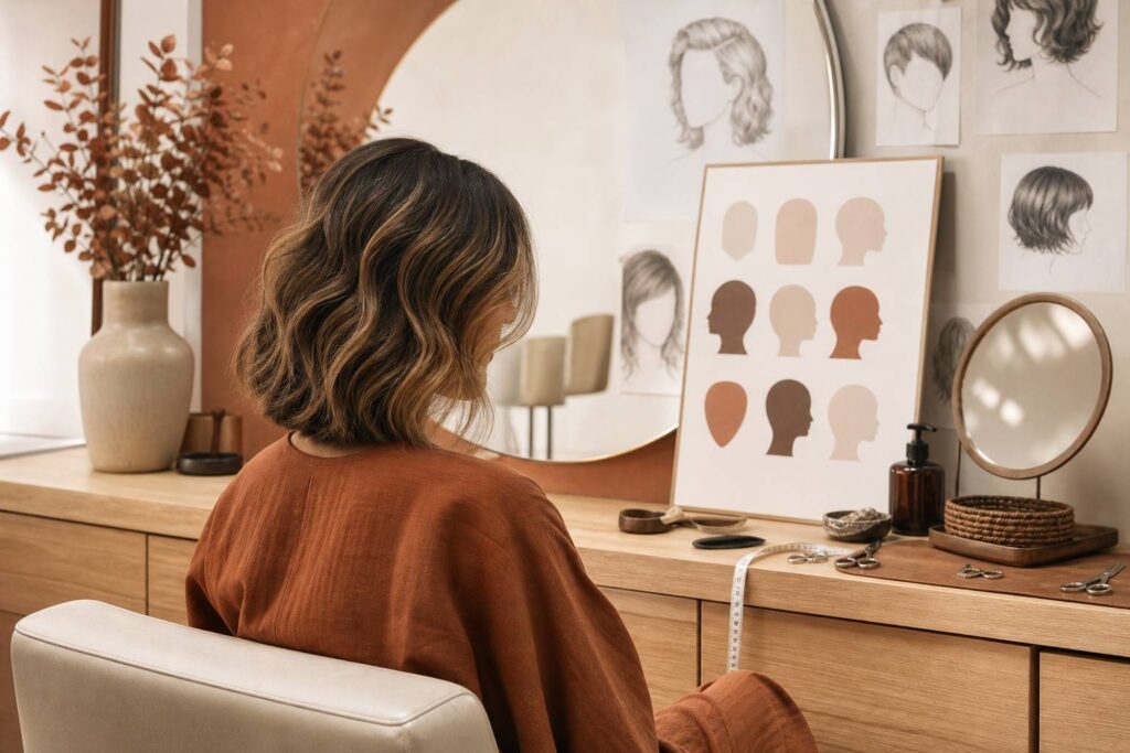 Profil et silhouettes de coupes de cheveux avec ciseaux professionnels sur coiffeuse