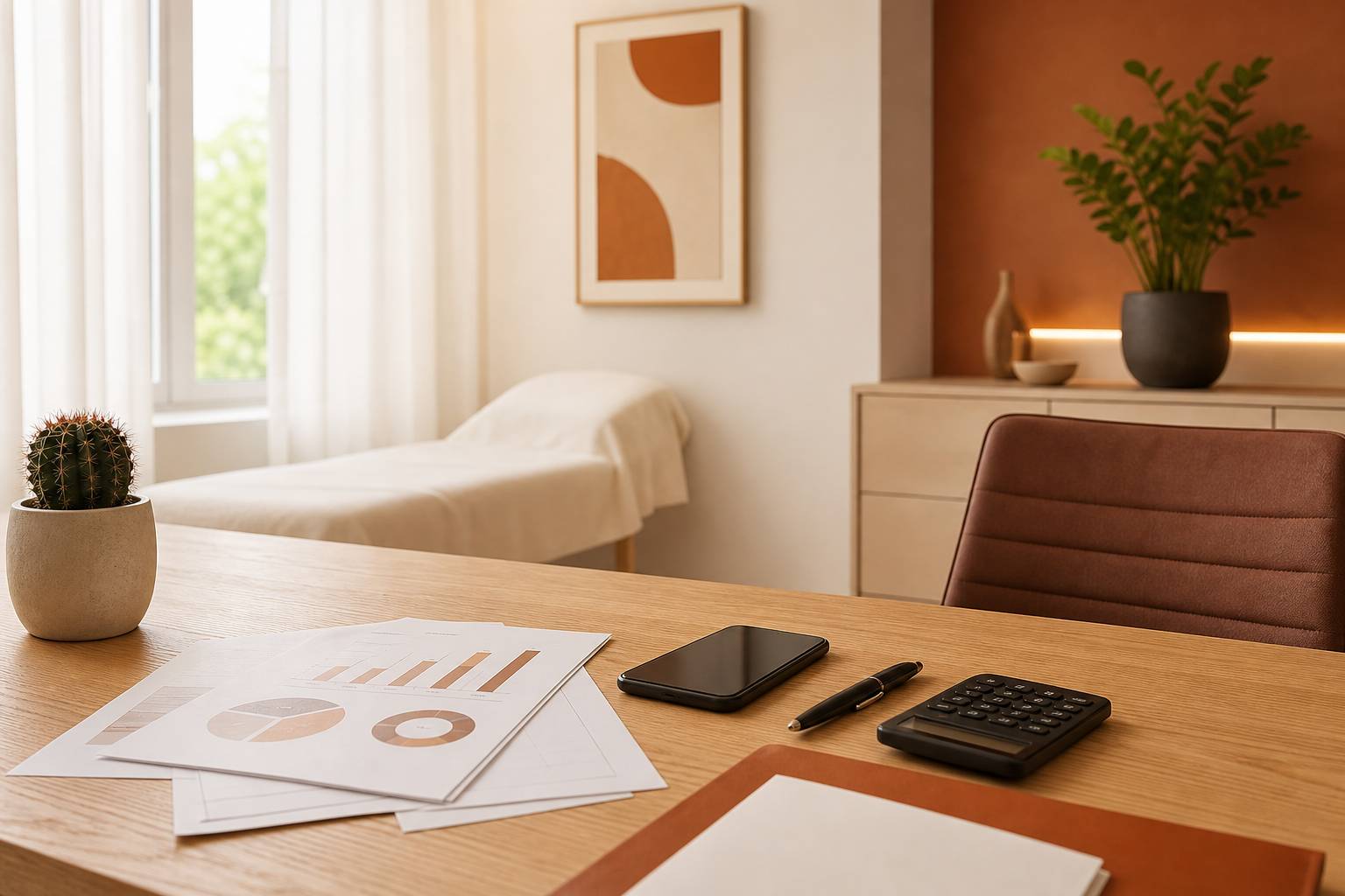 Documents bancaires et smartphone posés sur un bureau en bois clair avec stylo et calculatrice