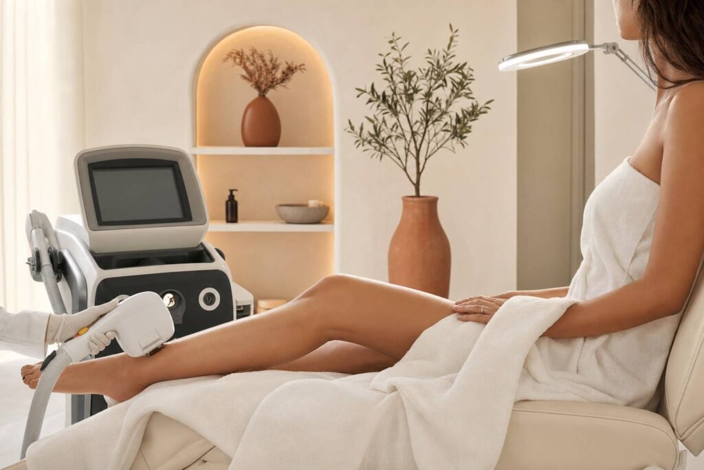 Appareil laser et lampe IPL dans cabine esthétique moderne pour épilation définitive
