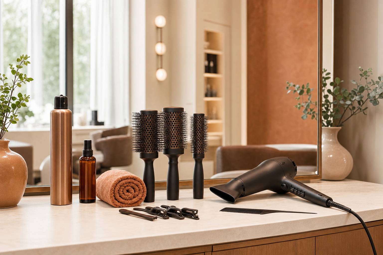 Équipement de brushing professionnel : brosses rondes, sèche-cheveux et accessoires