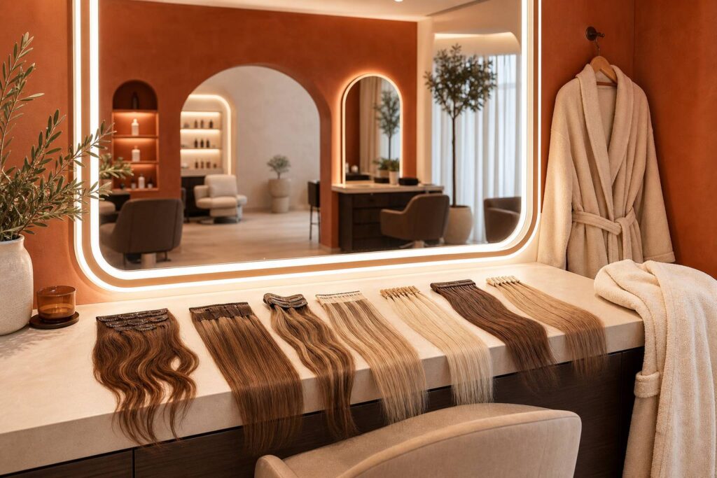 Mèches de cheveux avec différentes techniques d'extension sur coiffeuse professionnelle