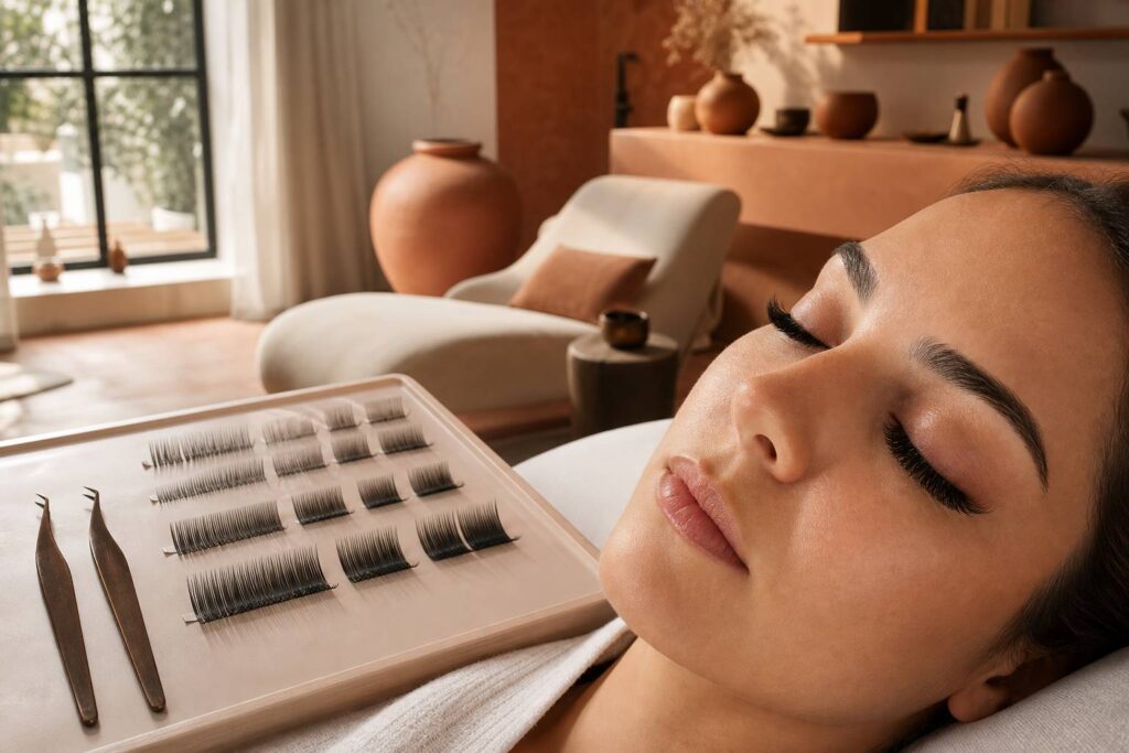 Cils parfaitement allongés avec éventails de cils synthétiques classés par taille