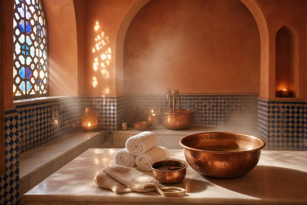 Intérieur de hammam traditionnel avec bassines en cuivre, gant kessa et savon noir