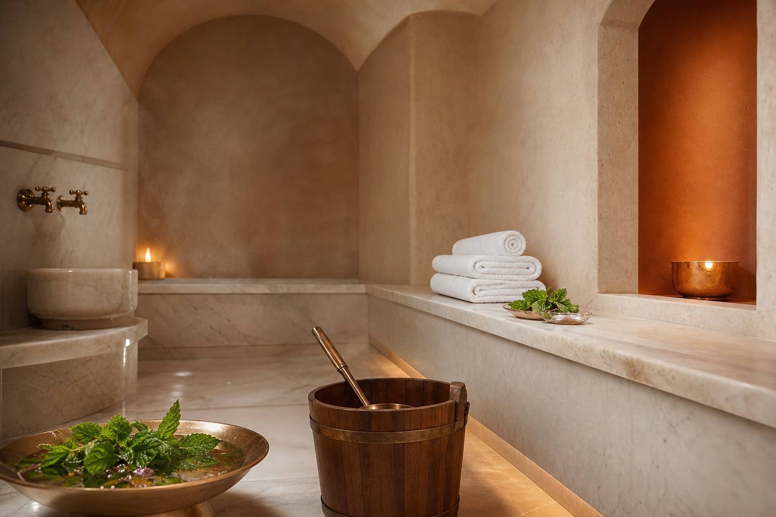 Intérieur de hammam avec banquettes en marbre, vapeur légère rituel bien-être