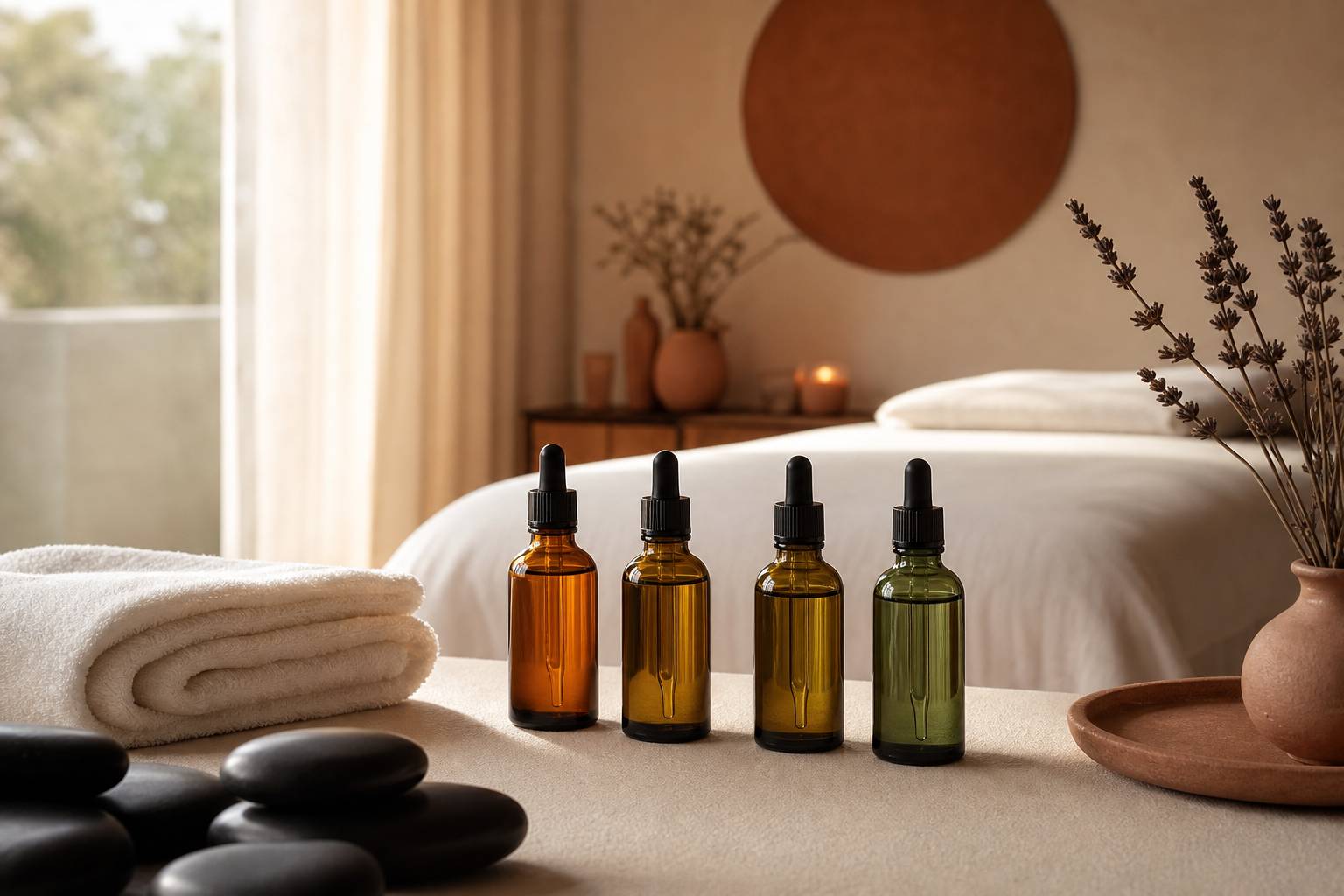 Flacons d'huiles essentielles de massage et pierres en basalte noir pour soin bien-être