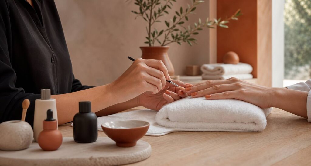 Mains féminines recevant une manucure avec vernis nude et terracotta dans une cabine lumineuse