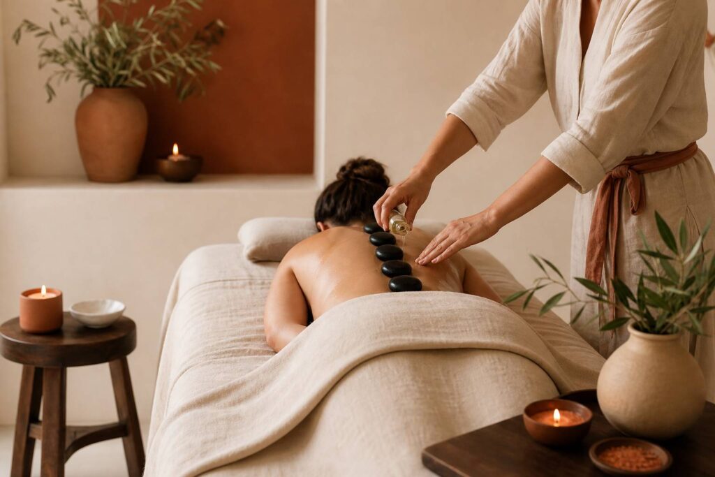 Mains de masseuse appliquant de l'huile essentielle sur le dos avec pierres chaudes