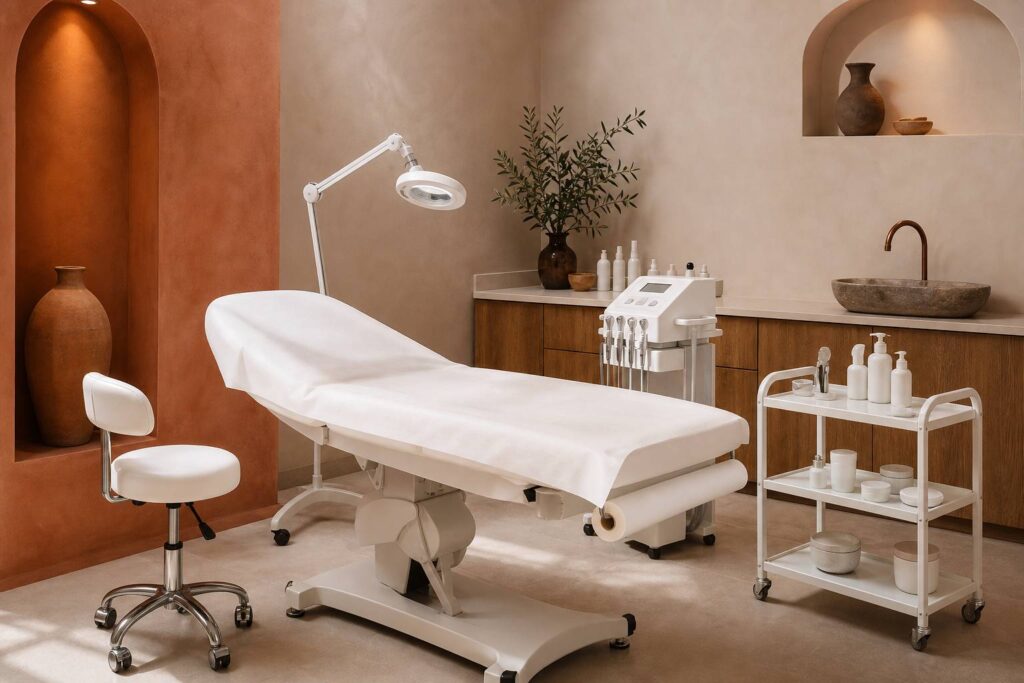 Matériel esthétique professionnel disposé sur une table de soin dans une cabine lumineuse haut de gamme
