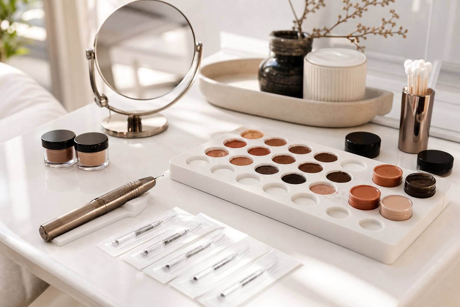Palette de pigments de maquillage permanent, microblade et aiguilles fines sur champ stérile