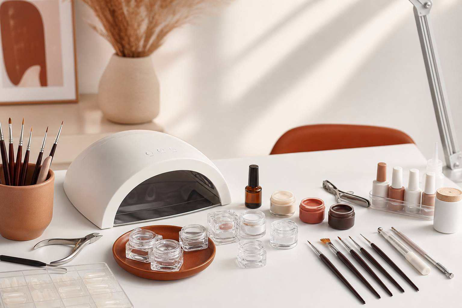Plateau professionnel d'onglerie : gel, capsules, primer et outils de nail art