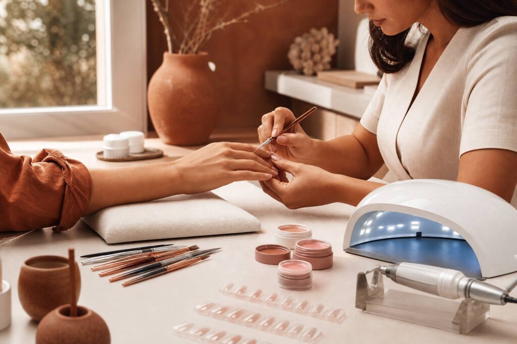Mains d'esthétcienne appliquant du gel sur ongles avec capsules et lampe UV