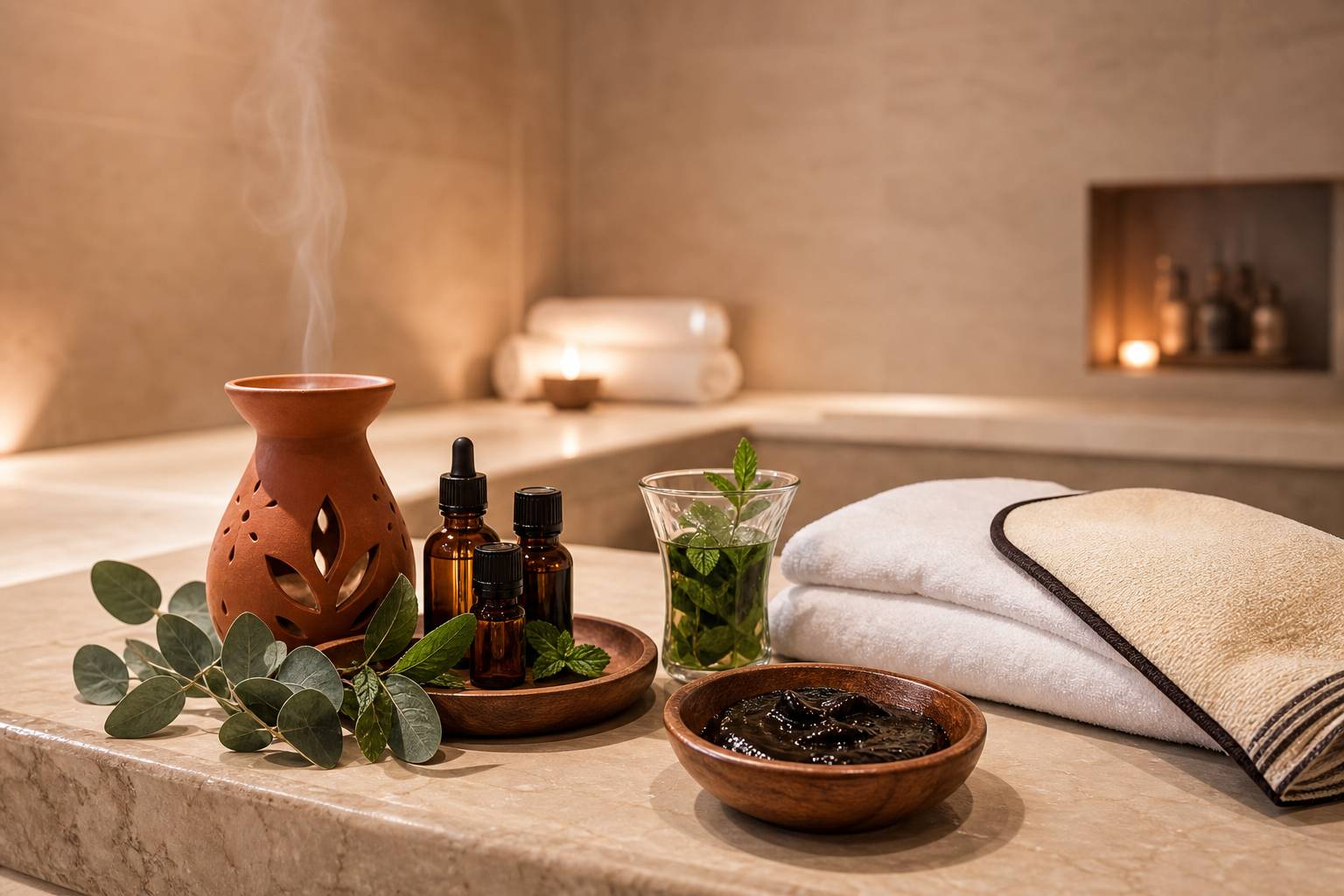 Rituel hammam : brûle-parfum, huiles essentielles, gant kessa et savon noir