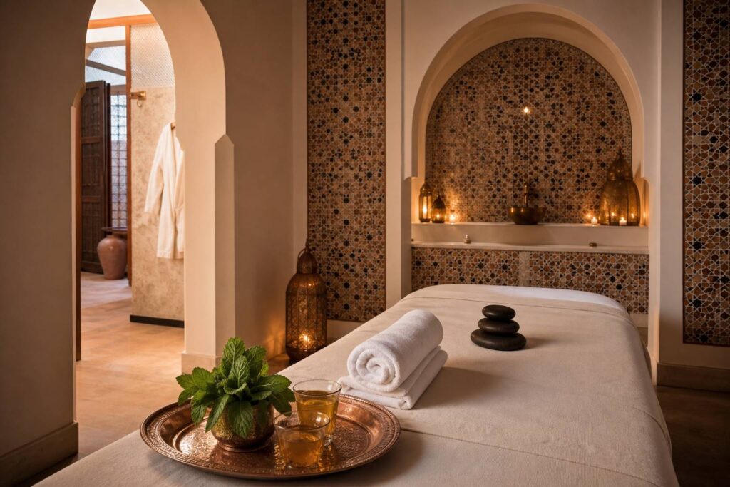 Intérieur de spa ou hammam avec mosaïques orientales et thé à la menthe