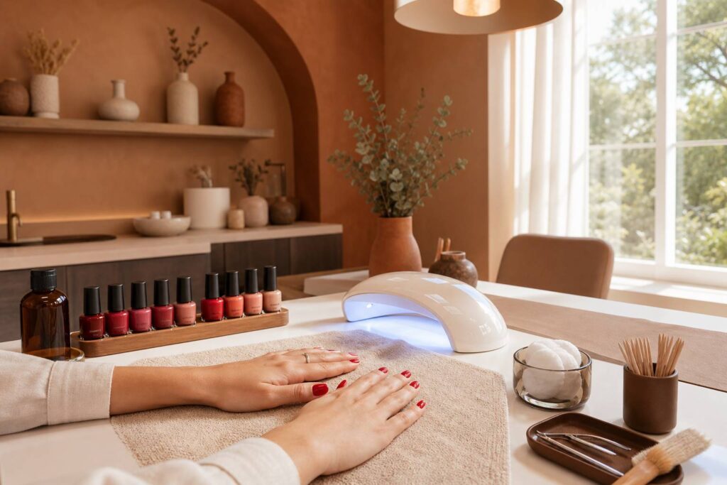 Mains avec vernis semi-permanent rouge parfaitement appliqué et lampe LED UV