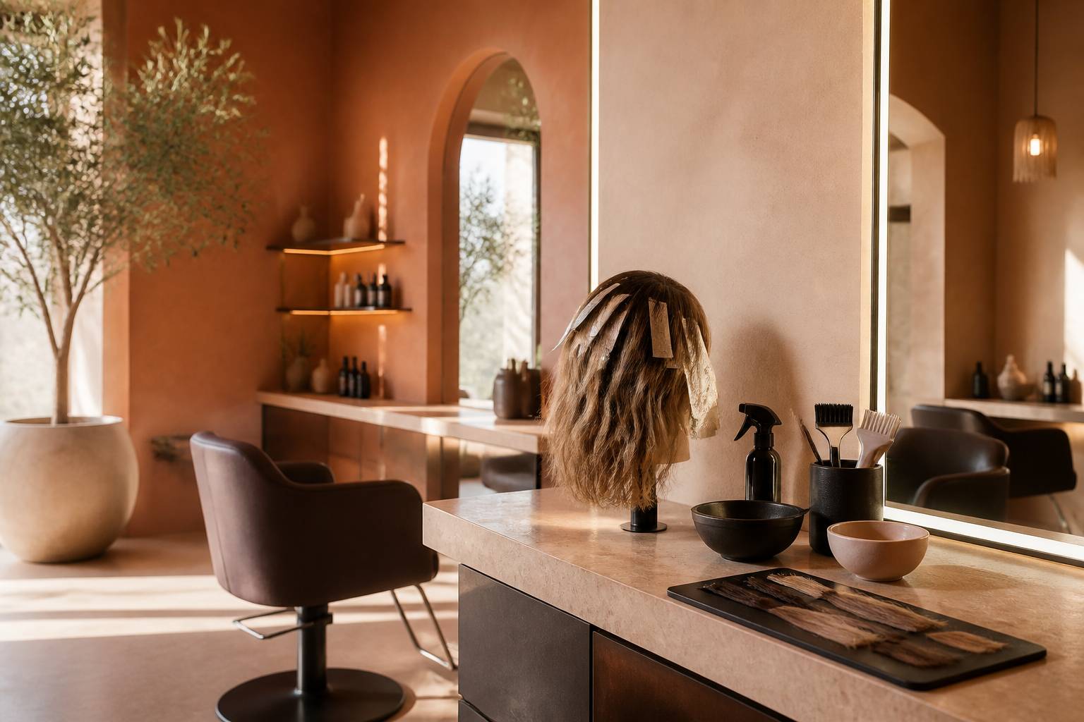 Mèches blond foncé et bols de coloration dans un salon de coiffure