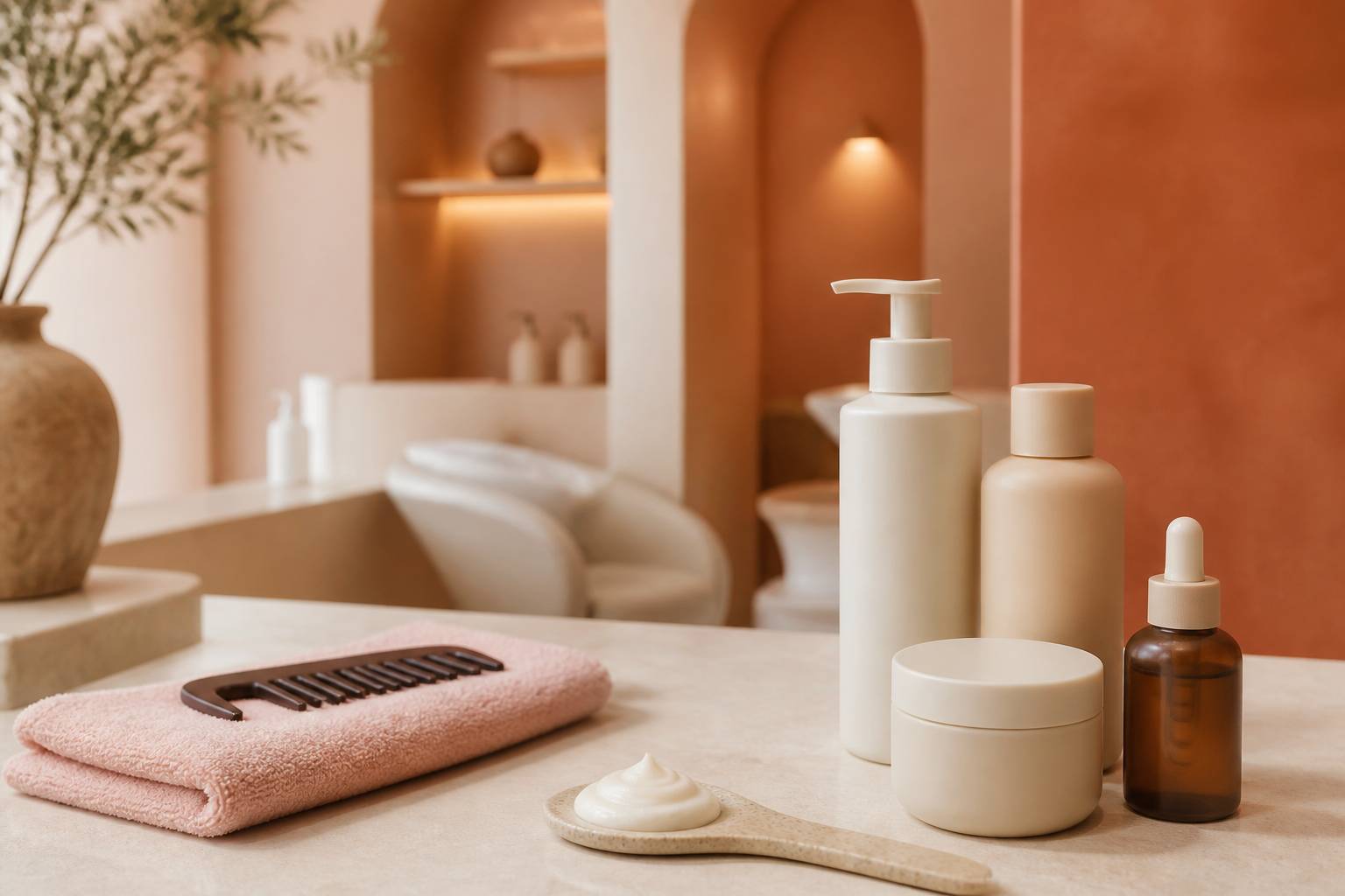Flacons de soins capillaires épurés avec texture de produit sur spatule