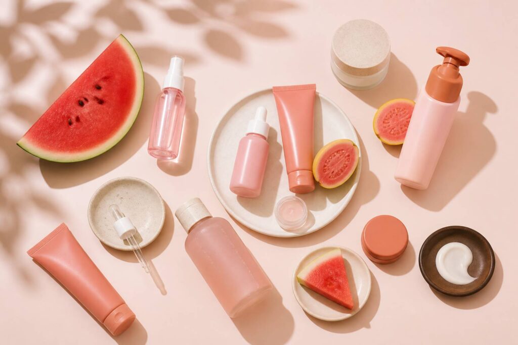 Flacons de soins pour la peau aux tons pastel avec des fruits frais