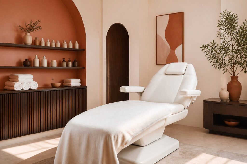 Cabine de soin haut de gamme avec fauteuil et produits cosmétiques