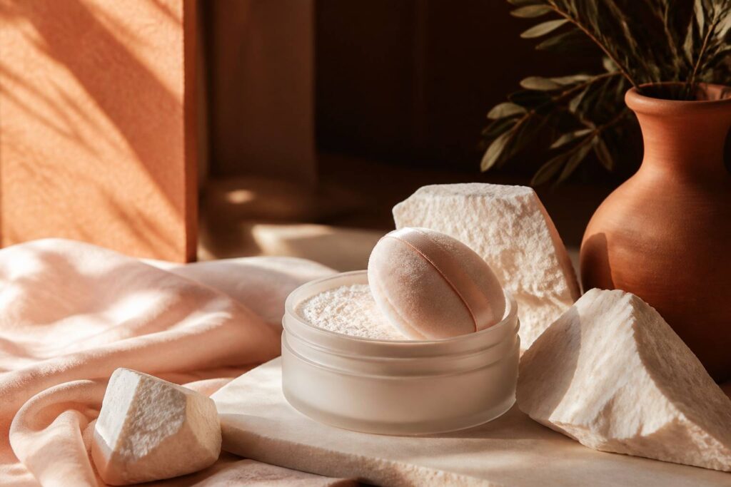 Pot de talc en verre avec houppette et poudre blanche fine