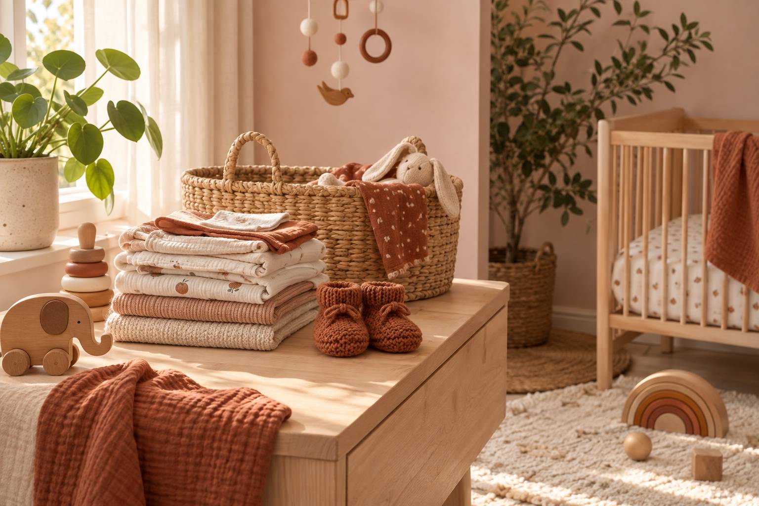 Linge de bébé plié, chaussons en laine et panier en osier