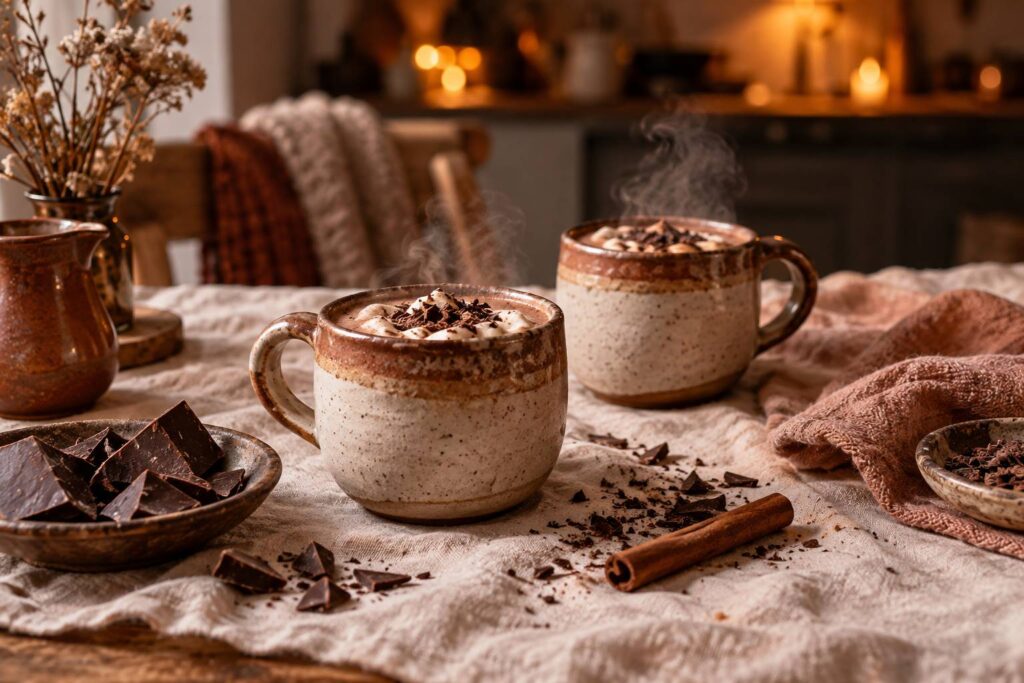 Deux tasses de chocolat chaud fumantes avec copeaux de chocolat et cannelle