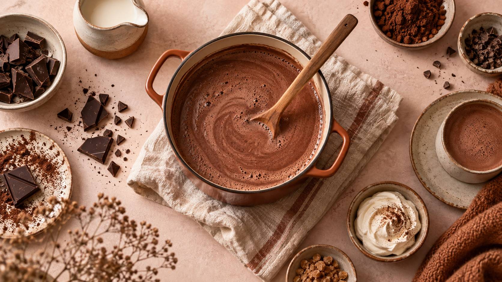 Chocolat noir fondu dans une casserole avec cuillere en bois