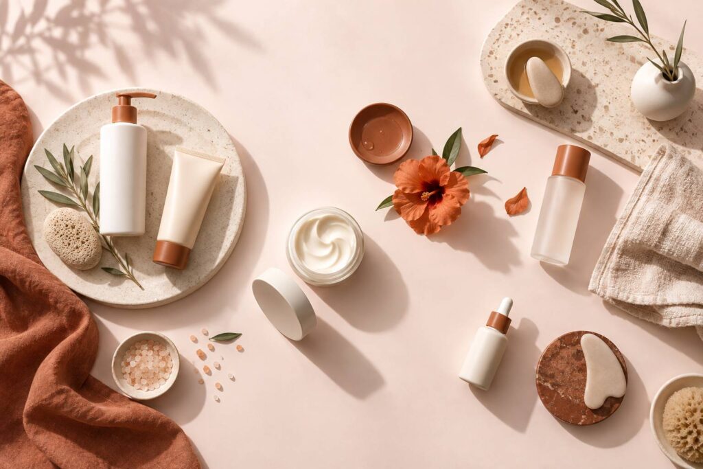 Produits cosmetiques generiques sans marque alignes sur une etagere de salle de bains claire