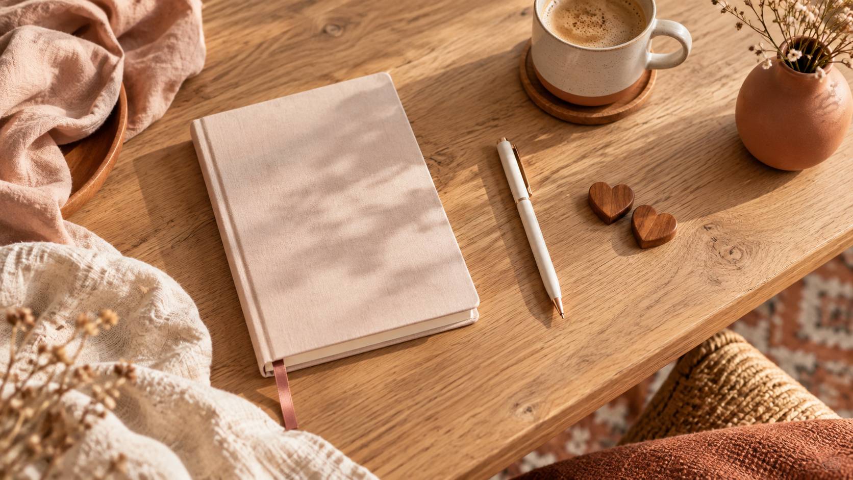 Carnet ferme et deux jetons en bois en forme de coeur sur une table