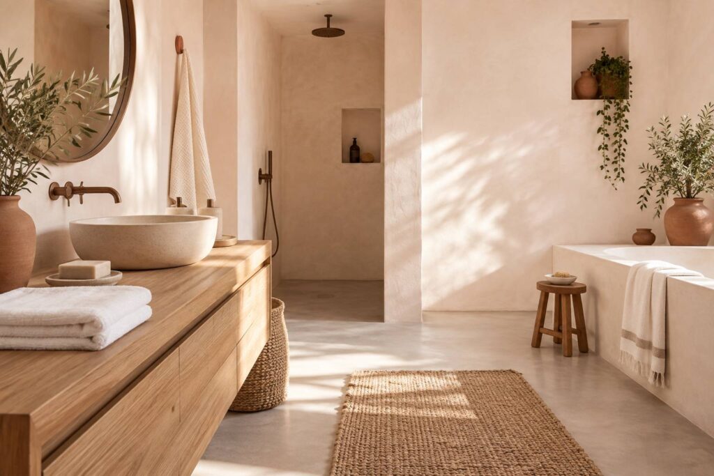 Salle de bain claire avec serviette blanche pliee et etui neutre ferme