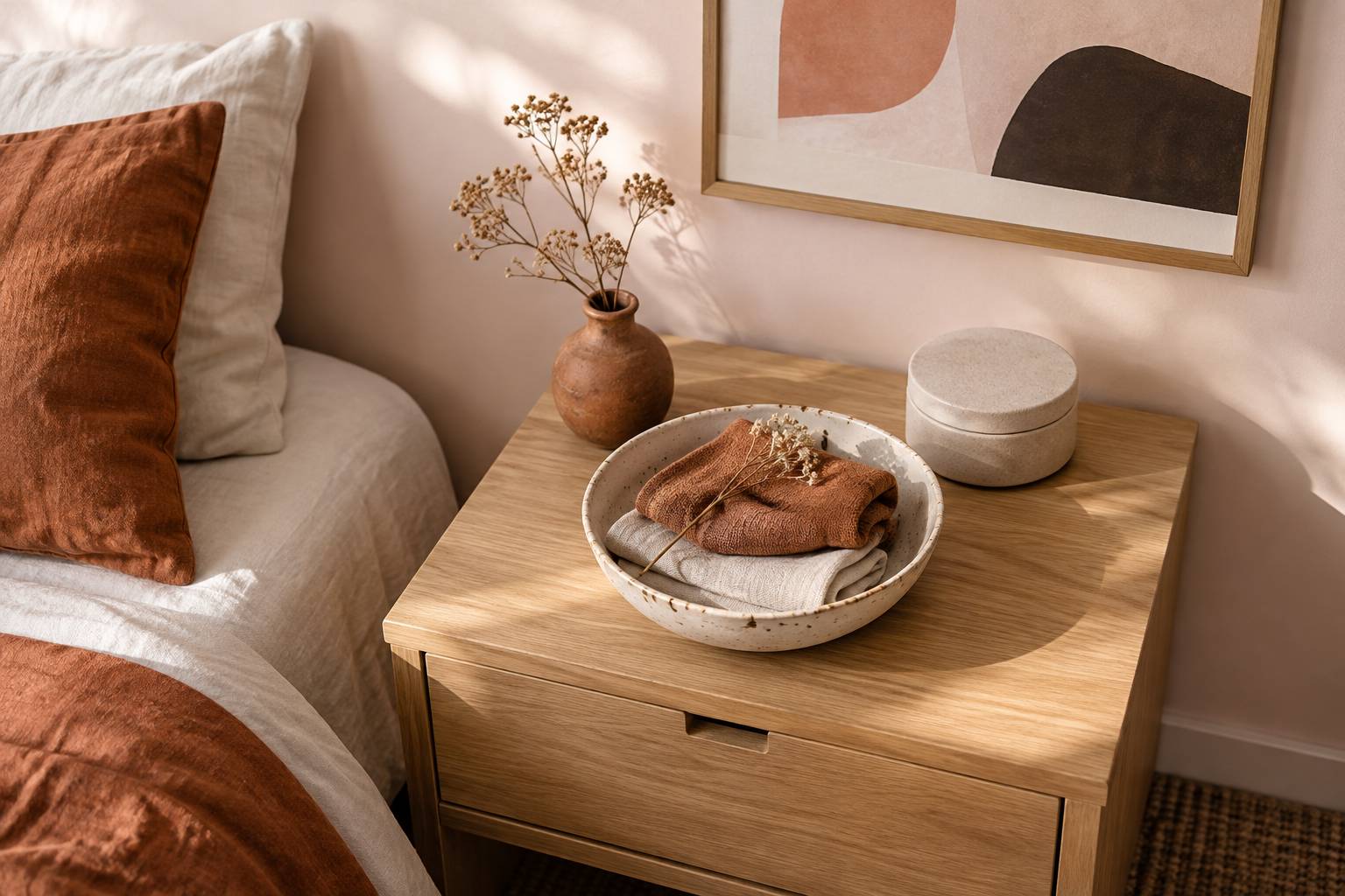 Coupelle en ceramique, boite neutre et fleur sechee sur une table de chevet