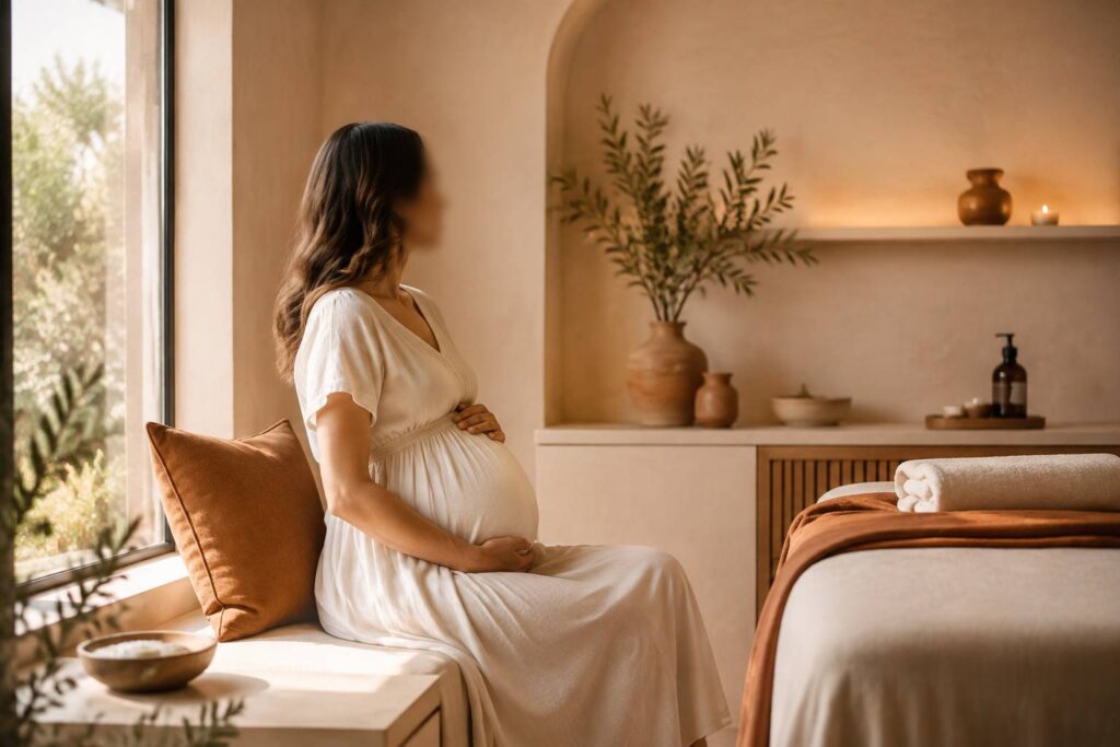 Femme enceinte de six mois vue de profil, mains posées sur son ventre, près d'une fenêtre lumineuse