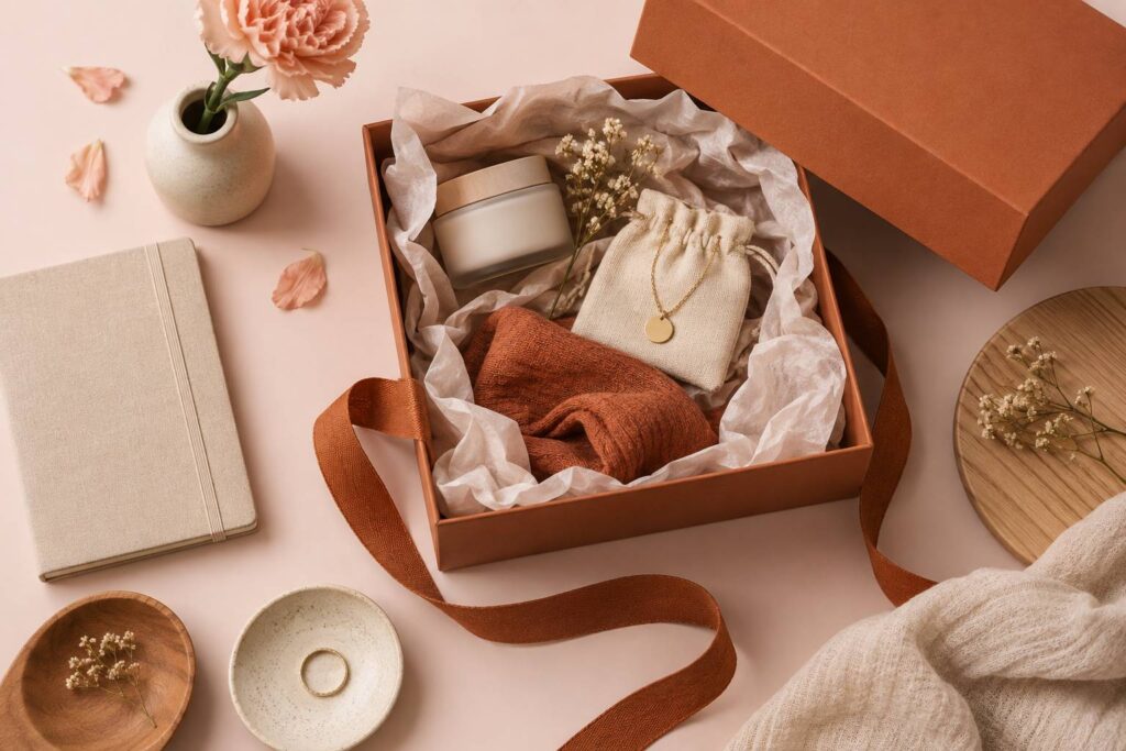 Flat-lay de cadeaux sobres avec boite ouverte, ruban et fleur fraiche