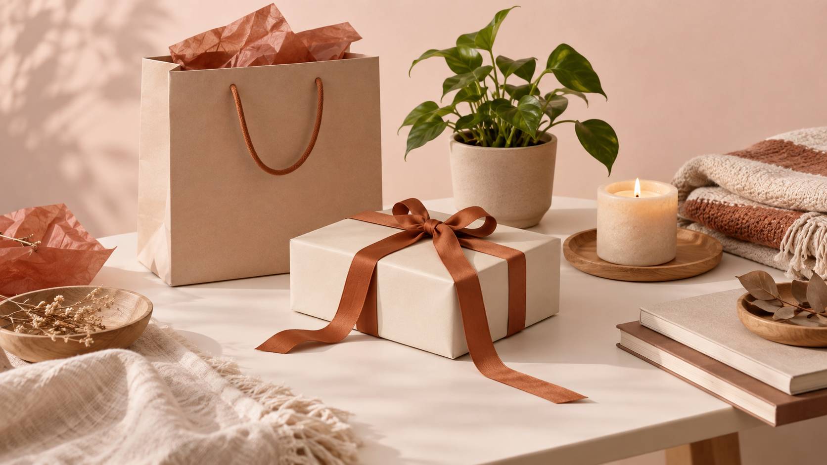 Coin de table elegant avec sac papier, boite rubanee et bougie