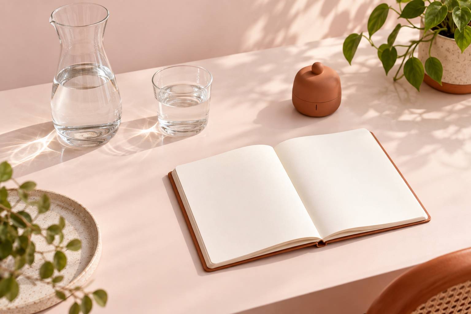 Plan de travail clair avec carafe d'eau, verre et carnet vierge pour un jeune hydrique