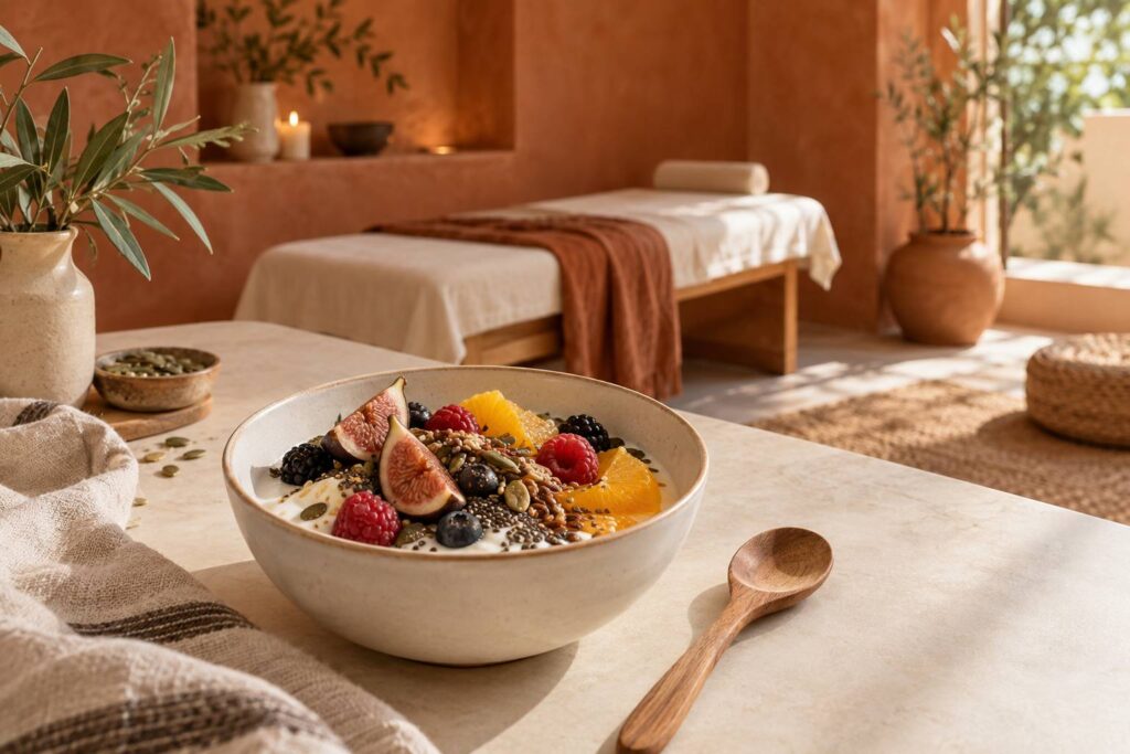 Bol de yaourt garni de graines variées et de fruits frais coupés