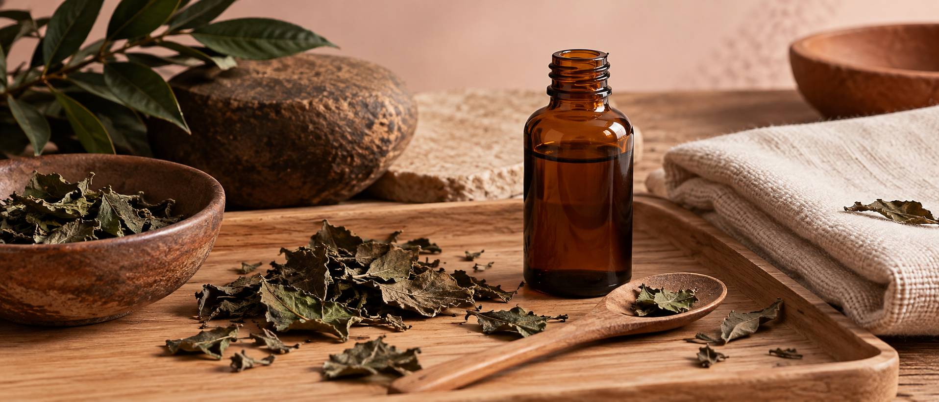 Plateau en bois avec feuilles de patchouli sechees et flacon ambre
