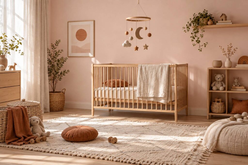 Chambre de bebe claire avec berceau en bois clair et mobile suspendu