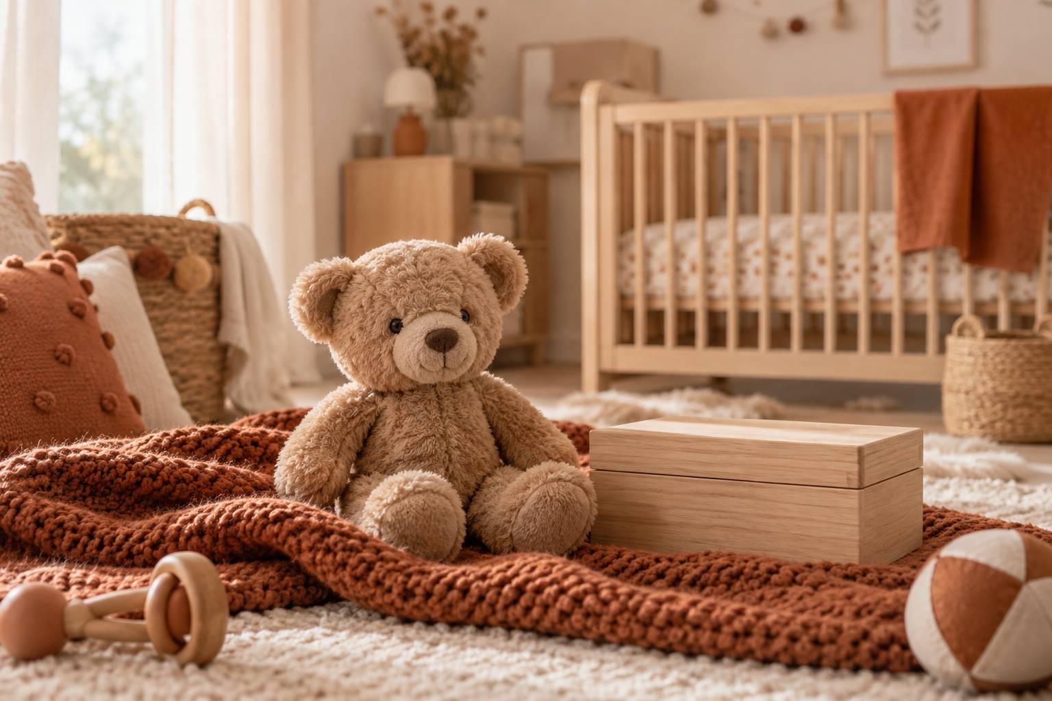 Peluche neutre posee sur un plaid tricote dans une chambre de bebe