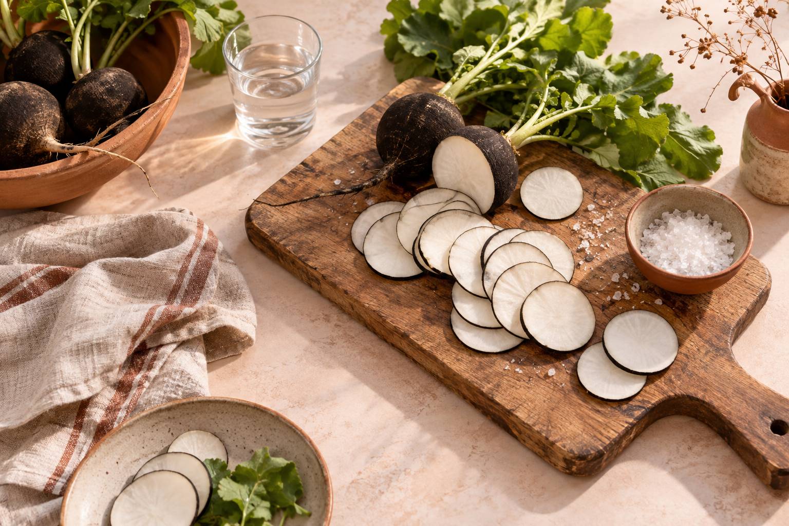 Rondelles de radis noir tranchees sur une planche avec bol de sel