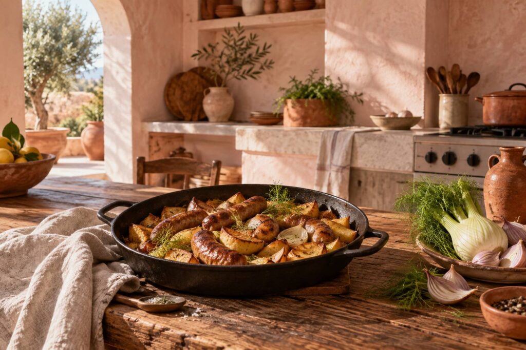 Plat de saucisses dorées et pommes de terre rôties dans une cuisine chaleureuse