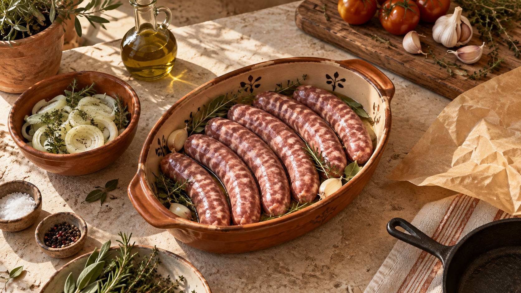Saucisses fraîches et rondelles d'oignon dans un plat en céramique avant cuisson