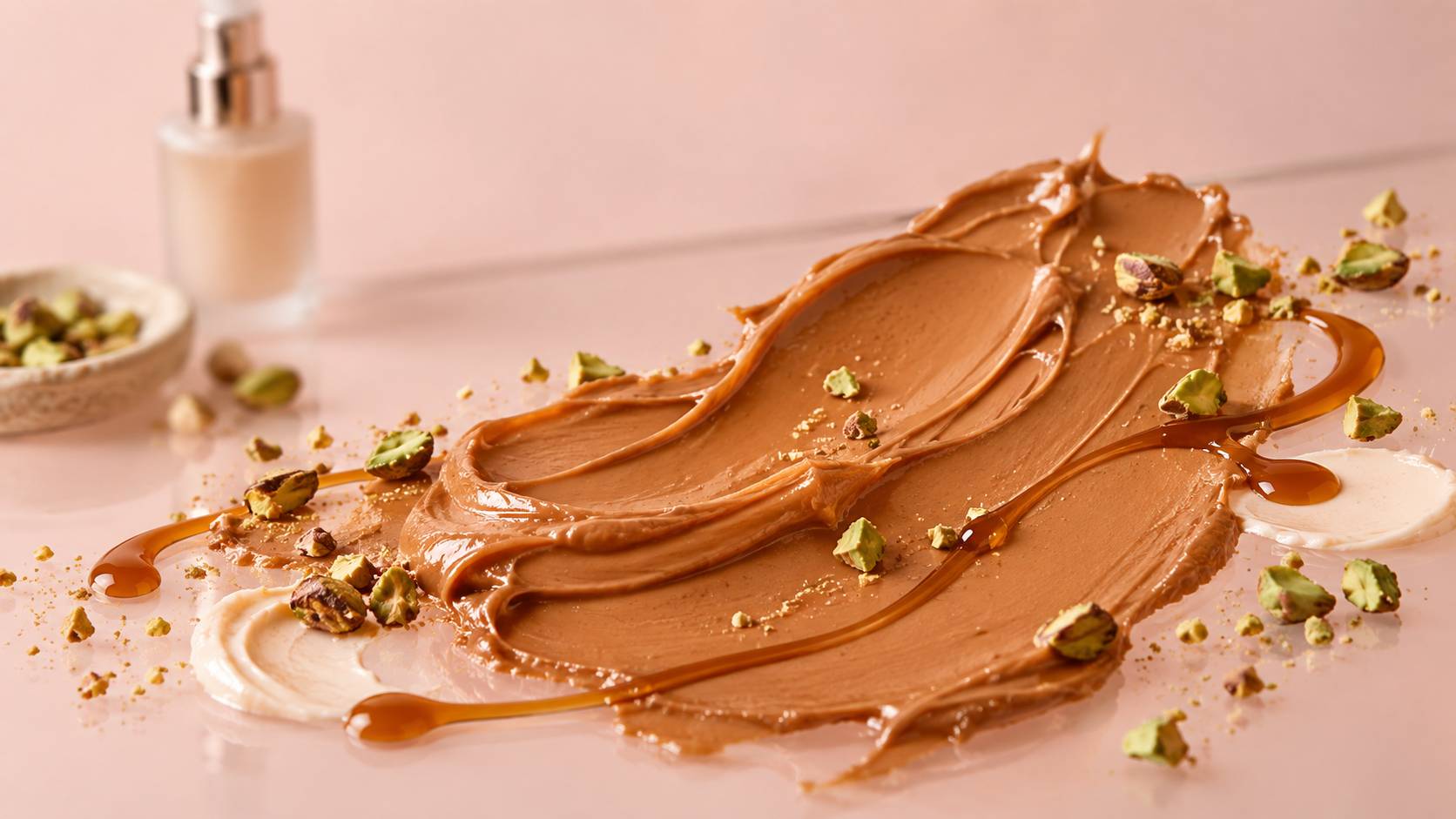 Textures de crème, pistache et caramel sur verre laiteux avec vaporisateur flou