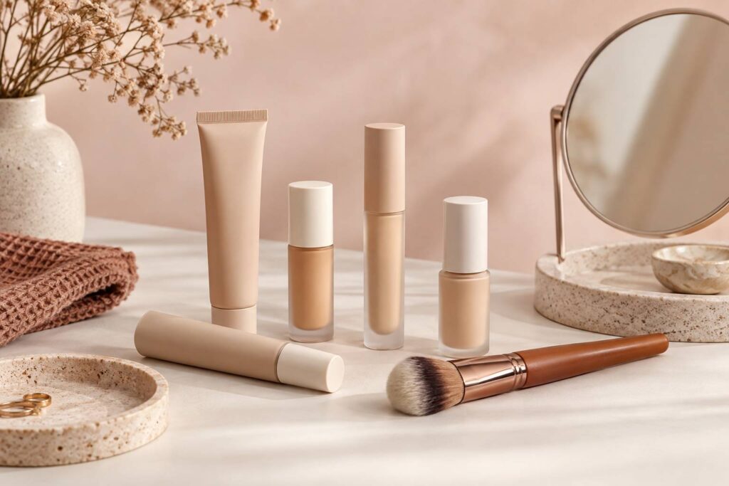 Tubes et flacons de correcteur neutres sur un plan de maquillage clair