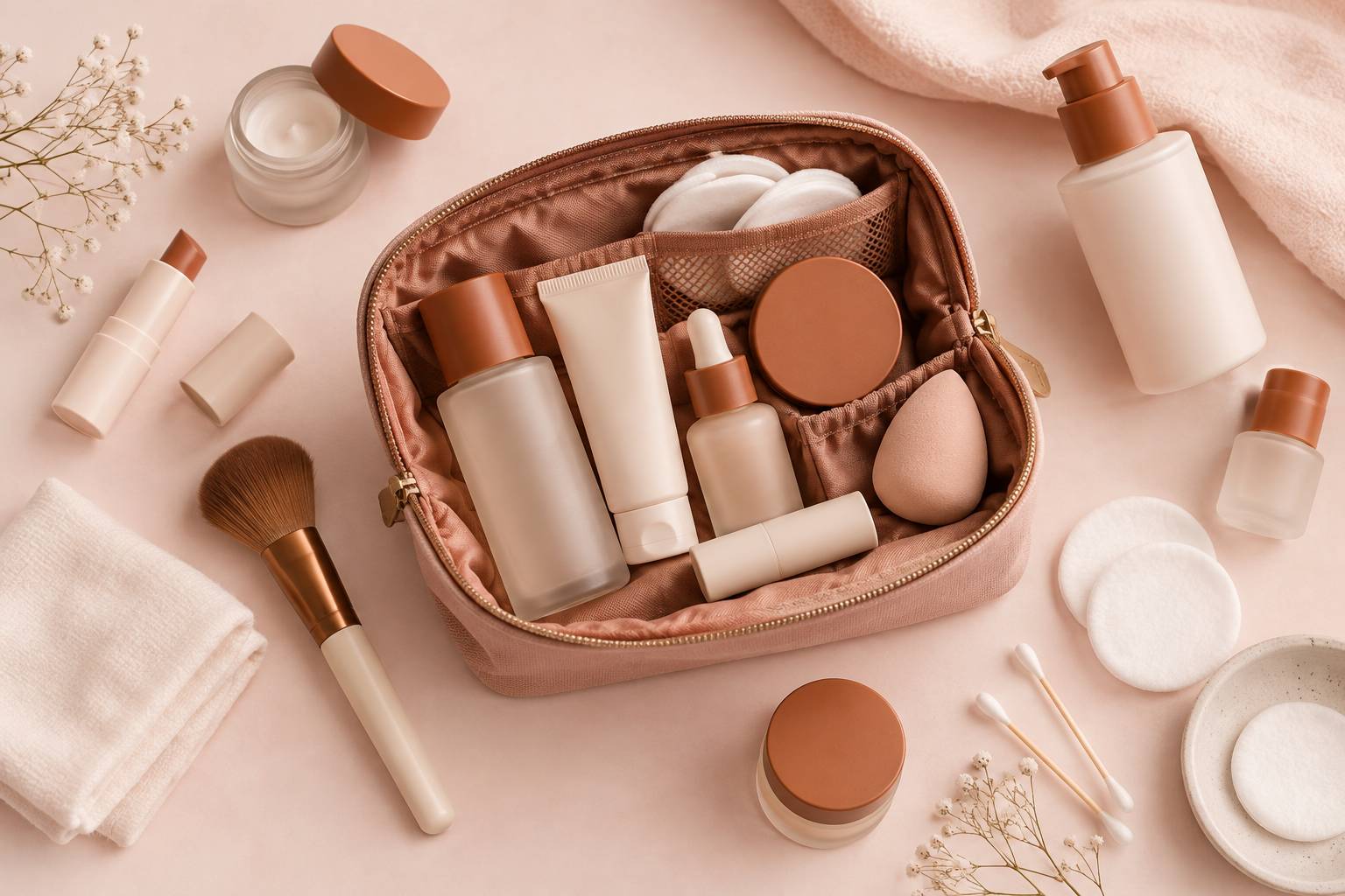 Trousse de maquillage ouverte avec tubes neutres et applicateurs