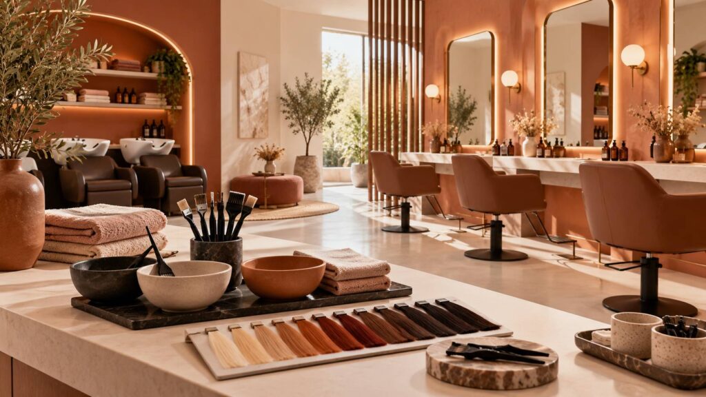 Salon de coiffure avec mèches teintes, pinceaux de coloration, bols et serviettes